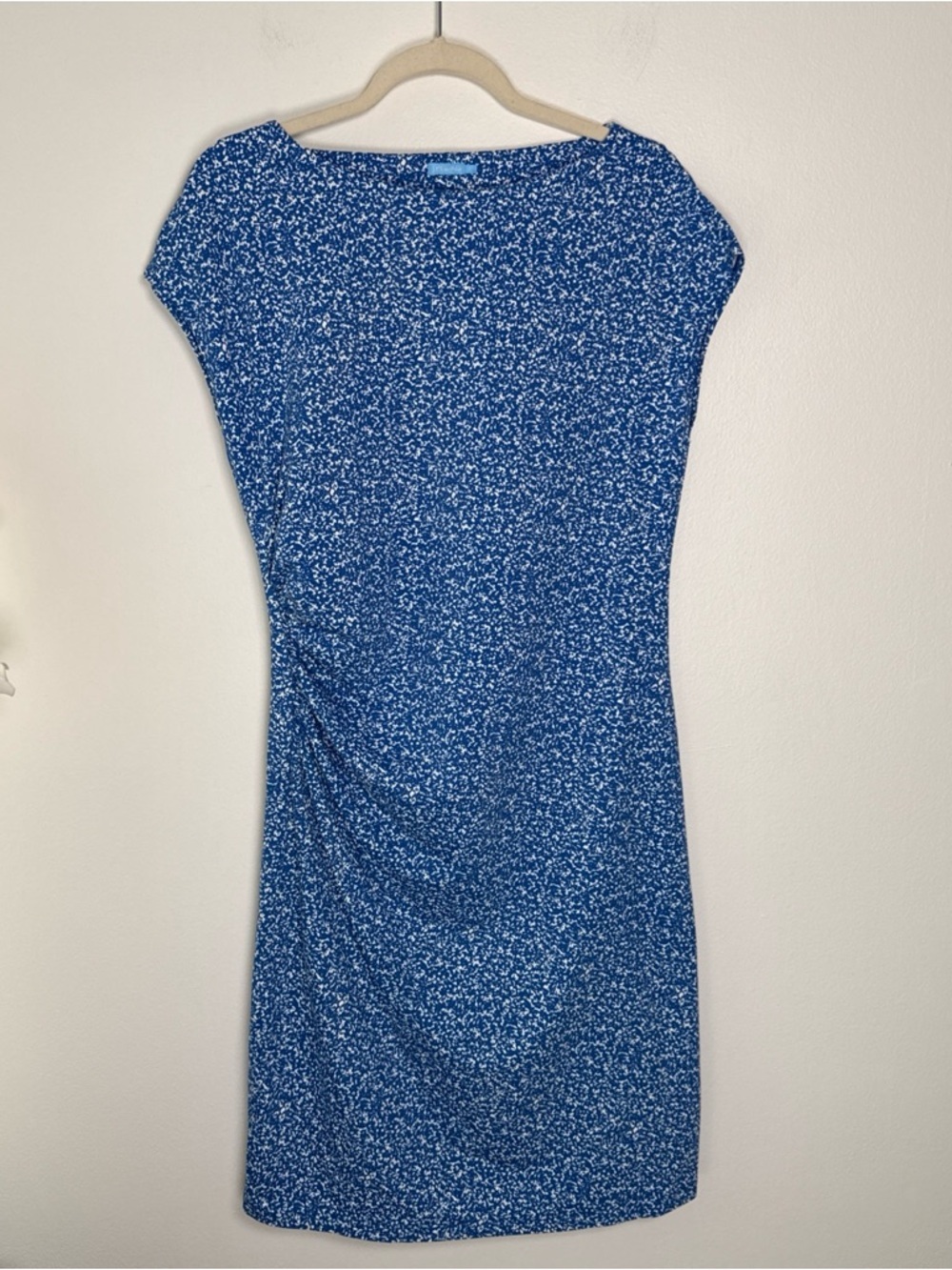 J. McLaughlin Catalina Cloth Knee Length Blue White Dress Ruched Side Size Large